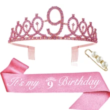 3pcs/Set Birthday Crown + Sash + Pearl Brooch, Suitable For Birthday Party, Includes Crown, Sash, And Brooch, Made Of Zinc Alloy, Available In Pink Color, For Women And Activities Decoration