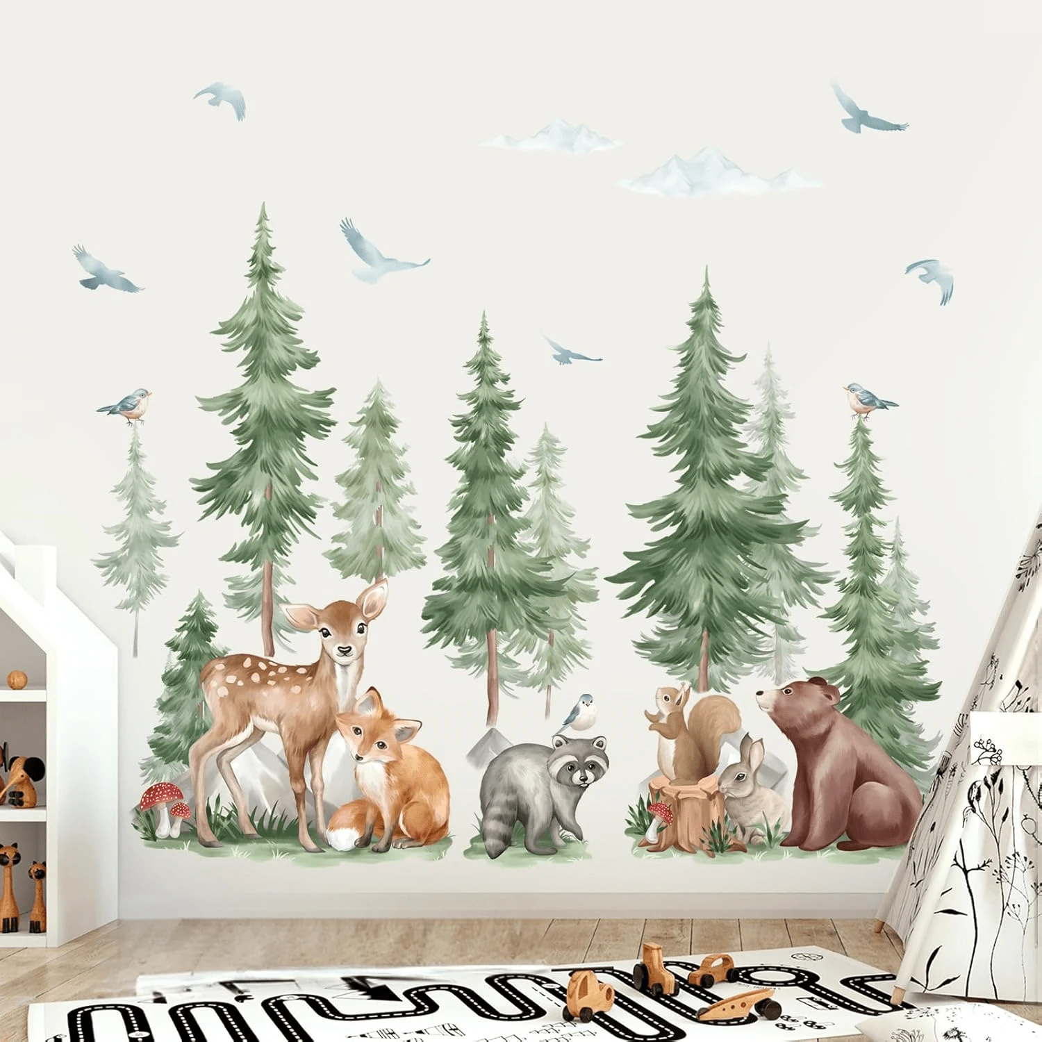4pcs/3pcs,Wondever Mountain Tree Wall Stickers Large Pine Tree Forest Animal Bear Fox Peel And Stick Wall Art Decals For Kids Room Baby Nursery Bedroom - Multicolor - View 1