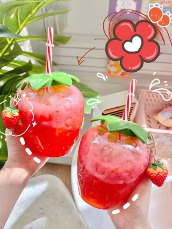 1 500ml Strawberry Shaped Cup With Straw And Accessories, Innovative Water Bottle, Reusable Pink Beverage Cup With Green And Red Accessories, Fun Portable Beverage Container For Juice, Milkshake, And Cold Drinks, Lightweight Materials, Perfect Gift For Birthday Parties And Daily Use.