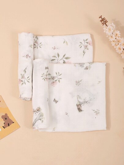 بطانية لف للأطفال مصنوعة من 100% قماش الخيزران المعتمد من Oeko-Tex، خفيفة الوزن وبطبعات زهرية، ناعمة وصديقة للبشرة، مناسبة لجميع الفصول، 2 قطعة