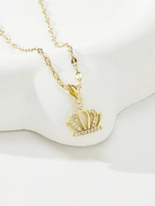 1 件不锈钢方晶锆石皇冠项链，适合女性、派对、约会、婚礼的礼物