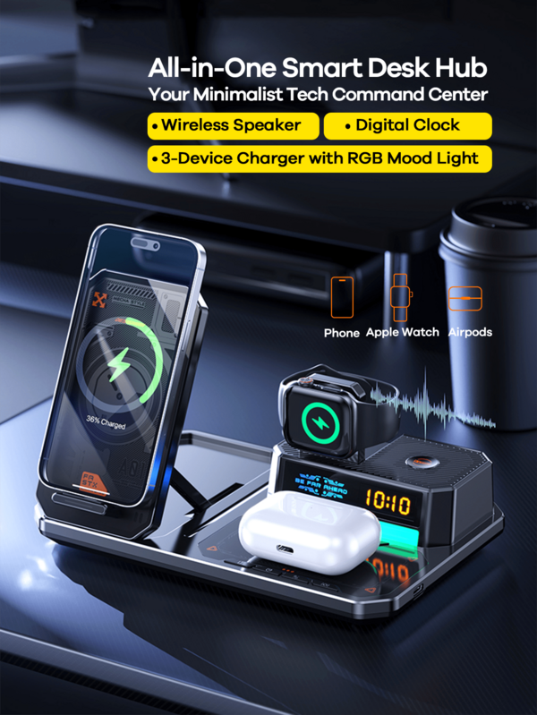 REMAX Upgraded Wireless Fast Charger, Desktop Accessories, Wireless Fast Charging For Multiple Device Women Watch/Man Watch/Phone/Earphone/Earbuds/, With Wireless Speaker, Adjustable Height Phone Holder, Adjustable RGB Ambient Light,Electronic Clock, Black/White, Office Desktop
