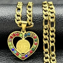 Collar de medalla de San Benito de cristal colorido para mujeres y hombres, collar de cadena de acero inoxidable dorado