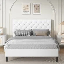Bed Frame, Upholstered Bed Frame With Button Tufted Headboard, PU Leather Bed Frame With Adjustable Headboard, No Box Spring Needed, Easy Assembly, White/ Black/ Pink/ Blue/ Green, Twin/ Full/ Queen * Bed Frame Queen Queen Bed Frame Bed Frame Full Full Size Bed Frame King Size Bed Frame Twin Bed Frame Room Decor Home Decor Christmas Decor Bedroom Decor Valentine Day Decor Storage Living Room Decor Furniture House Decor - 白色 - 查看 1