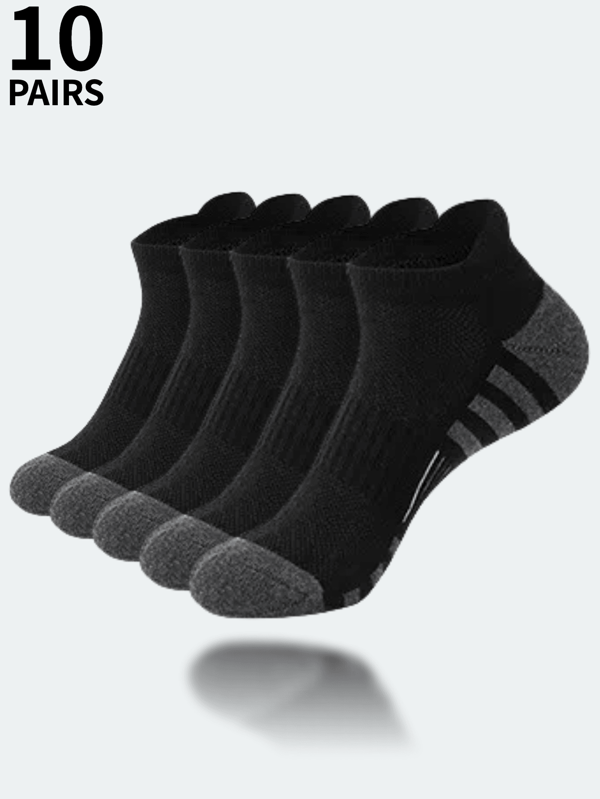 10 Pairs Men's Athletic Ankle Socks, Grey With Black Stripe, Suitable For Running, Gym And Daily Wear