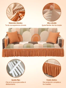 Sillón, sofá para 1, 2 o 3 personas: Funda de sofá con estampado geométrico y falda. Funda elástica para sofá. Protector de muebles lavable y antideslizante. Suave cubierta para sala de estar. - Naranja - Ver 3