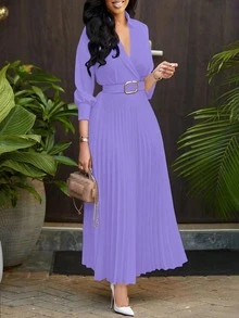 轻盈面料宽松纯色褶皱连衣裙，配腰带，复古风格女装，适合秋冬季节，优雅女士，返校节、婚礼、生日、教师装等场合。 - 紫丁香色 - 查看 4