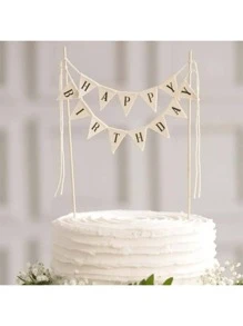 1pc Non-Edible Cake Decoration Cake Topper, Colorful Double-Sided Happy Birthday Cake Bunting Banner, White Burlap Cake Flag Stick