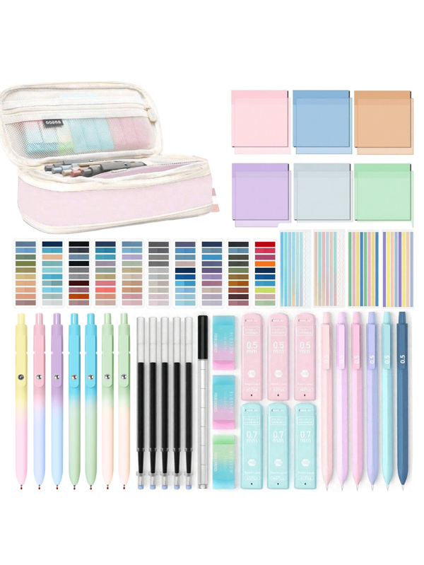 Kawaii School And Office Essential Set - Including 1 Super Cute Storage Pencil Case + 5 Charming Random Color Memos + 5 Smooth Writing Advanced Gel Pens + 6 Reliable Mechanical Pens School Supplies, Back To School