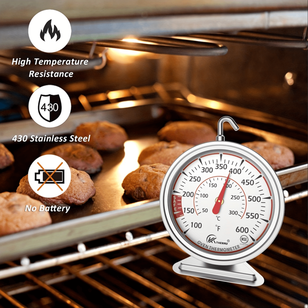 KT THERMO Termómetro para horno KT THERMO de precisión - Esfera grande de acero inoxidable de 6,99 cm, rango de 100-600°F/50-300°C, gancho giratorio de 360° para colgar o colocar, ideal para hornear, BBQ, cocinar carne