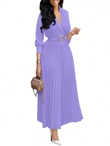 轻盈面料宽松纯色褶皱连衣裙，配腰带，复古风格女装，适合秋冬季节，优雅女士，返校节、婚礼、生日、教师装等场合。 - 紫丁香色 - 查看 7