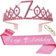 3pcs/Set Birthday Crown + Sash + Pearl Brooch, Suitable For Birthday Party, Includes Crown, Sash, And Brooch, Made Of Zinc Alloy, Available In Pink Color, For Women And Activities Decoration