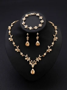 A Set Of 4 Pieces/Pieces Of Fashionable And Elegant Alloy Rhinestone Glass Necklace, Earrings And Bracelet Jewelry, Suitable For Women's Weddings, Banquets, Balls And Parties - Rượu sâm banh - Xem 5