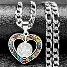 Collar de medalla de San Benito de cristal colorido para mujeres y hombres, collar de cadena de acero inoxidable dorado