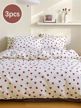 4 pièces Set de housse de couette motif cœur rouge en polyester avec fermeture éclair et taie d'oreiller - lavable en machine, résistant au rétrécissement, confortable toutes saisons - tissu tissé doux, literie respirante, convient pour les chambres à coucher et les chambres d'amis (le set comprend 1 housse de couette, 2 taies d'oreiller, 1 drap, sans couette, sans oreiller)