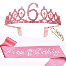3pcs/Set Birthday Crown + Sash + Pearl Brooch, Suitable For Birthday Party, Includes Crown, Sash, And Brooch, Made Of Zinc Alloy, Available In Pink Color, For Women And Activities Decoration