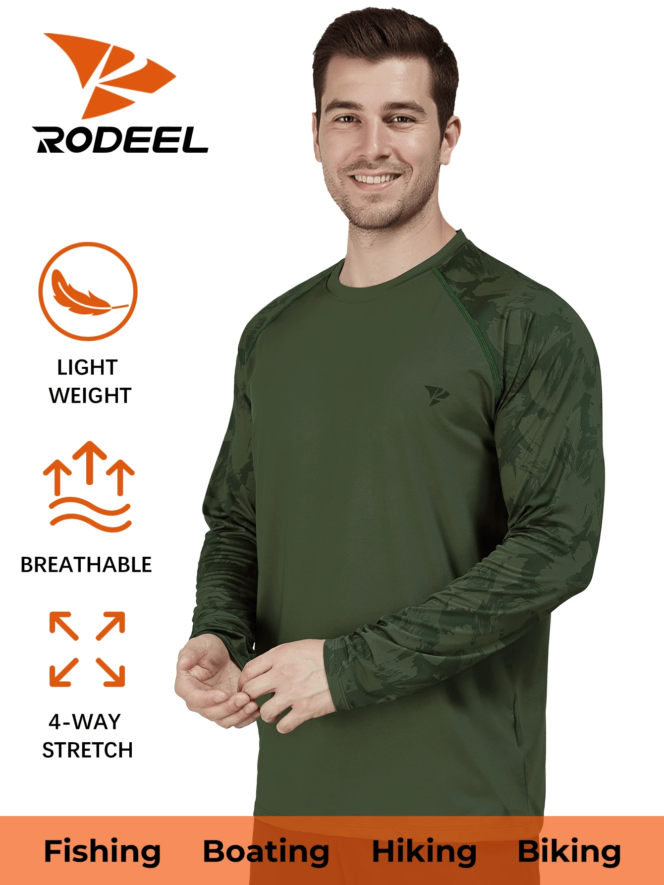 RODEEL Men's Sun Protection Raglan Long Sleeve T-Shirt Printed Patchwork Design Quick-Drying And Breathable Suitable For Outdoor Sports Cycling Fishing Hiking And Beach - Army Green - View 1
