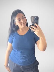 Women's V-Neck T-Shirt Plain Knit Various Colors - 藏蓝色 - 查看 2