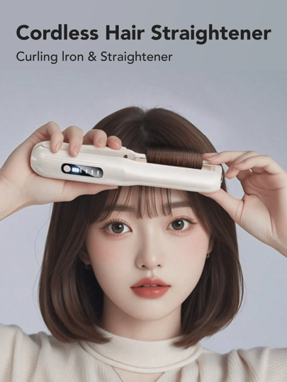 Cordless Hair Straightener, Curling Iron & Hair Straightening 2-In-1, Portable Flat Heating Iron With 4 Levels Of Adjustable Temperature, USB Charging, LED Display, Fast Heat Up, Mini Hair Iron For Home Travel Use