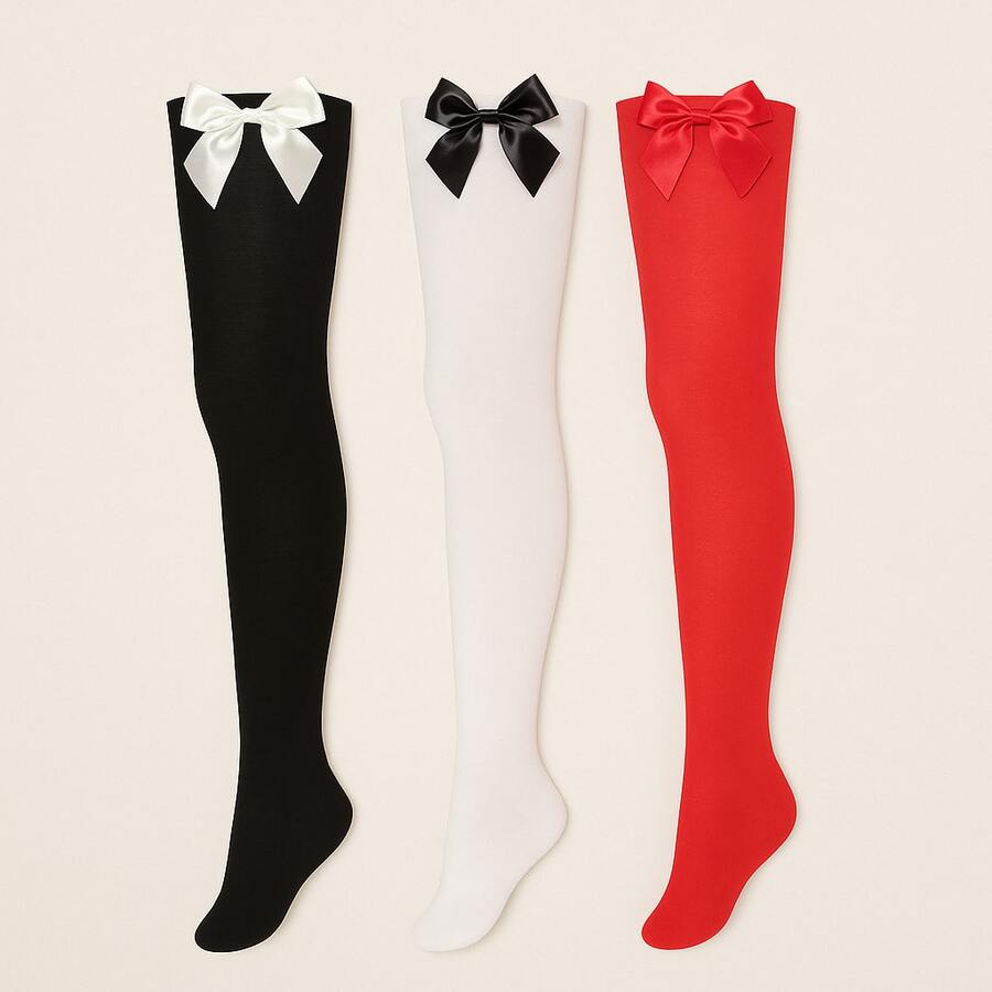 Kit 6 Women's Sexy Plain 7/8 Thigh High Stockings With Bow - 彩色 - 查看 1