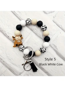 1pc/6pcs Cartoon Animals Brown Cow Bull Head Silicone Bead Bracelet Keychain Charm For Ladies Western Retro Fringe Wristlet Key Ring Accessories Gifts - Multicolor - View 11