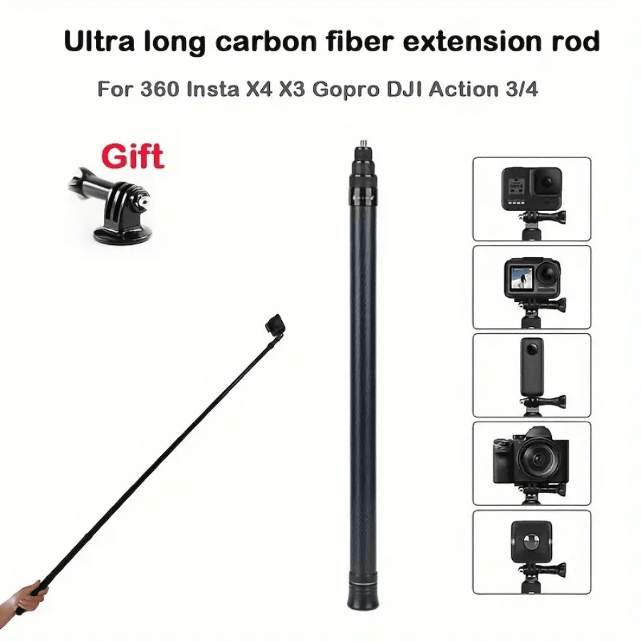 1.5-Meter Carbon Fiber Adjustable Length Extended Selfie Stick, Suitable For Insta360 X3 ONE X2 RS Gpro 11/10/9 DJI Action 3/2 Panoramic Action Camera Accessories, Camera Adapter