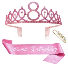 3pcs/Set Birthday Crown + Sash + Pearl Brooch, Suitable For Birthday Party, Includes Crown, Sash, And Brooch, Made Of Zinc Alloy, Available In Pink Color, For Women And Activities Decoration