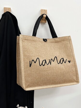 1pc "Mama"Heart & Letter Graphic Linen Shopper Bag Simple Letter Print Tote Canvas Bag, Lightweight Large Capacity Shoulder Bag With Mini Hanging Coin Purse, Mother's Day Gift For MomSchool Bag,Large Capacity,Portable