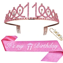 3pcs/Set Birthday Crown + Sash + Pearl Brooch, Suitable For Birthday Party, Includes Crown, Sash, And Brooch, Made Of Zinc Alloy, Available In Pink Color, For Women And Activities Decoration