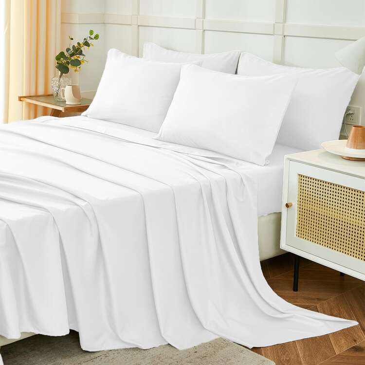 Farfallarossa Enfärgat mikrofiber-sängklädesset (inkluderar lakan + dra-på-lakan + 1/2 örngott), mjukt, hudvänligt, andningsbart, skrynkelbeständigt och hållbart, lämpligt för alla årstider, passar madrassen ordentligt, finns för twin-, full-, queen- och king-size-sängar, oumbärligt för hemmabruk i sovrum och gästrum. - Vitt - Visa 2