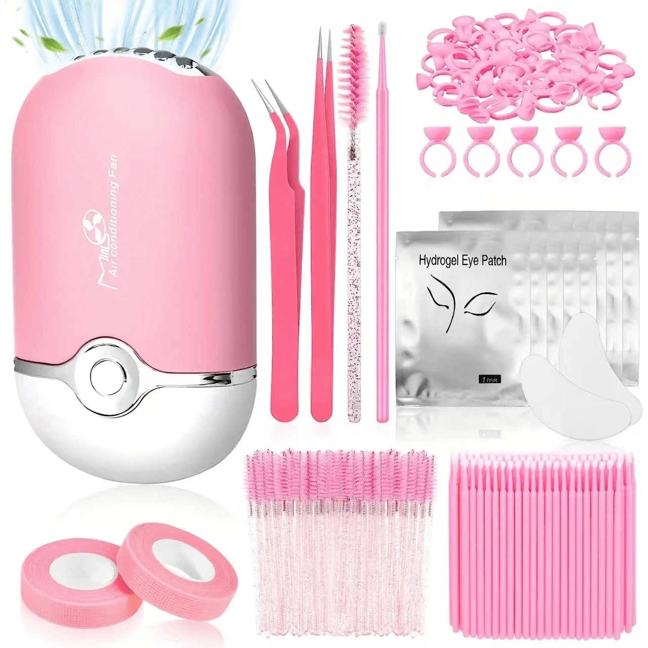 Beginner's Easy Set [215-Piece Set] Eyelash Extension Product Set, Suitable For Beginners To Use. USB Air Conditioner Blower, 2 Eyelash Tweezers, 100 Eyelash Cotton Swabs, 50 Eyelash Brushes, 100 Ring Cups, 2 Tapes, 10 Eye Pads - 粉色 - 查看 1