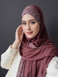 1pc Women's Popular Crystal Solid Color Knitted Headscarf Shawl, Soft Hijab Scarf, Casual Long Scarf - A - View 9