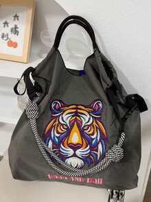 New Delicate Tiger Head Embroidered Design Large Capacity Handbag, Women Fashion Versatile Shoulder Tote Bag - Multicolor - View 3