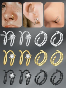 Bộ 2 khuyên mũi đôi bằng thép không gỉ 20G dùng xỏ khuyên mũi đơn, khuyên mũi bạc vàng đen trắng đính đá CZ, khuyên mũi sụn vành tai, khuyên mũi, khuyên mũi vòng, khuyên tai vành tai, trang sức xỏ khuyên mũi cho nữ - vòng mũi - Xem 2