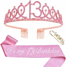 3pcs/Set Birthday Crown + Sash + Pearl Brooch, Suitable For Birthday Party, Includes Crown, Sash, And Brooch, Made Of Zinc Alloy, Available In Pink Color, For Women And Activities Decoration