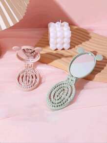 1 pieza Conjunto de espejo de bolsillo y peine de masaje con diseño de dibujos animados lindos y de moda, peine pequeño plegable hueco de plástico portátil para mujeres