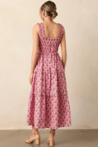 Women Summer Boho Tie Shoulder Dress Y2k Floral Smocked Flowy Long Dress Ruffle Tiered Beach Vocation Sundress - 粉色 - 查看 4