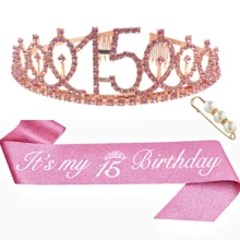 3pcs/Set Birthday Crown + Sash + Pearl Brooch, Suitable For Birthday Party, Includes Crown, Sash, And Brooch, Made Of Zinc Alloy, Available In Pink Color, For Women And Activities Decoration