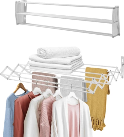 Kynley Tendedero Extensible Pared 60/80/100cm, Tendedero Plegable de Pared de Interior o Exterior de Acero Blanco, Tendedro con 9 Barras y 5 Metros de tendido.