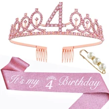 3pcs/Set Birthday Crown + Sash + Pearl Brooch, Suitable For Birthday Party, Includes Crown, Sash, And Brooch, Made Of Zinc Alloy, Available In Pink Color, For Women And Activities Decoration