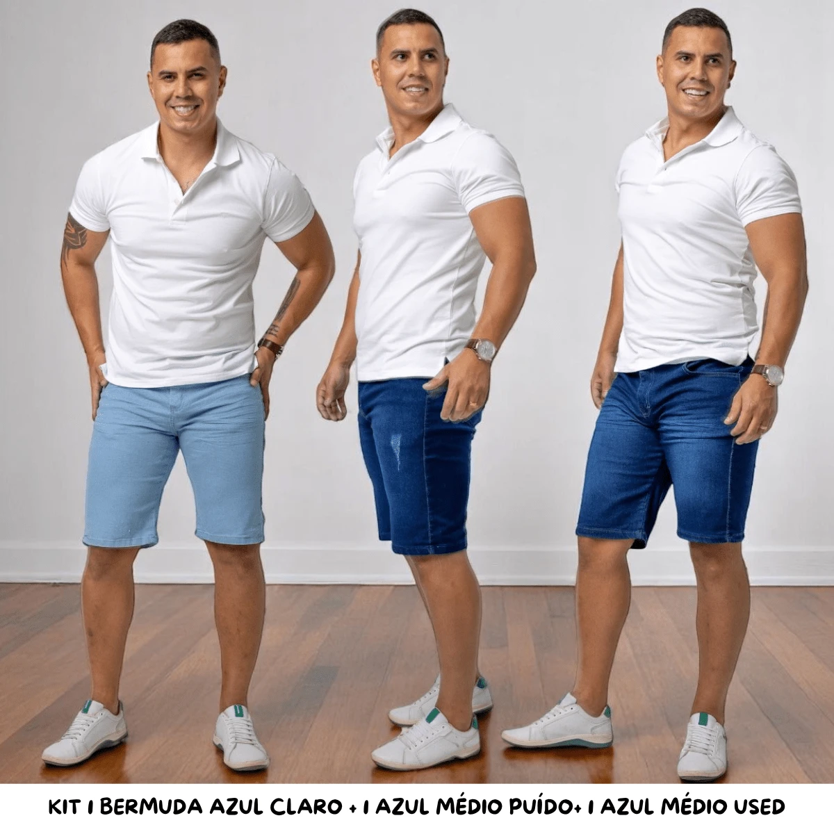 KIT 3 Men's Denim Shorts In Light Blue + Worn Blue + USED Blue For Adults With LYCRA Elastane - HIGH Elasticity And Comfort. - 彩色 - 查看 1