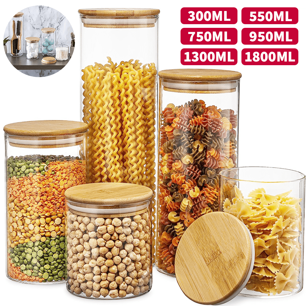 5 Stück Glas Vorratsbehälter, luftdichte Lebensmittelaufbewahrungsbehälter mit Holzdeckeln, klare Glasbehälter für Speisekammer, Küche, Mehl, Zucker, Tee, Kaffee, Snacks, Gewürze