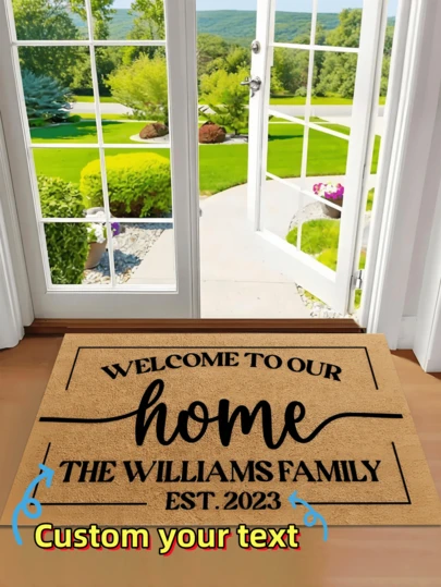 1pc Customizable Doormat, Brown "Welcome To Our Home" Pattern, Non-Slip Rectangular Washable Floor Mat, Suitable For Entryway, Bathroom, Kitchen