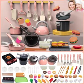 Keukenspeelgoedset voor kinderen, speelspeelgoed voor peuters, barbecue, kampeerspeelgoed, speelgoedpot, pan, servies, speelgoedvoer, groenten, leerzaam cadeau voor meisjes en jongens