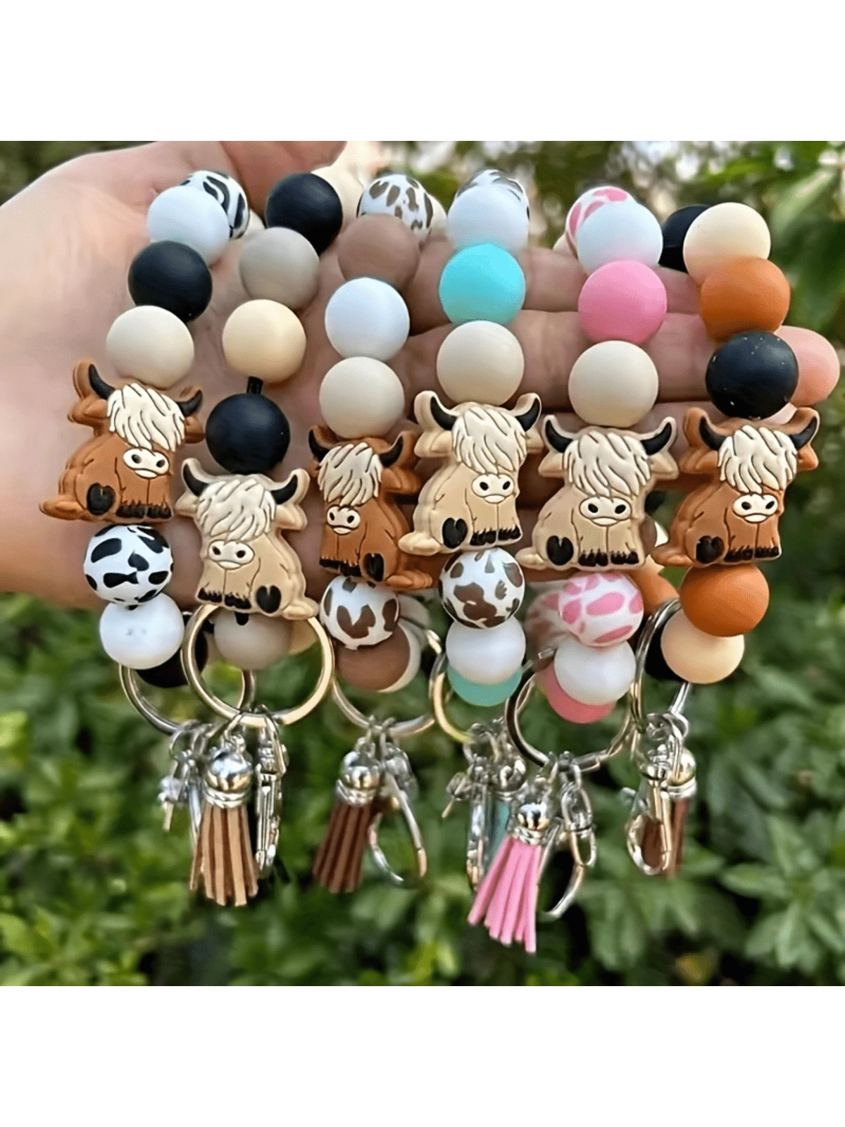 1pc/6pcs Cartoon Animals Brown Cow Bull Head Silicone Bead Bracelet Keychain Charm For Ladies Western Retro Fringe Wristlet Key Ring Accessories Gifts - Multicolor - View 1