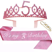 3pcs/Set Birthday Crown + Sash + Pearl Brooch, Suitable For Birthday Party, Includes Crown, Sash, And Brooch, Made Of Zinc Alloy, Available In Pink Color, For Women And Activities Decoration