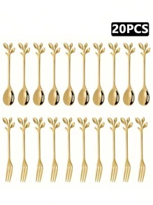 20pcs Gold-Color Dessert Forks And Spoons, An Indispensable Dessert Design Tool For Cafes, Including Appetizers, Desserts And Snacks. Convenient For Restaurants, Cafes, Food And Dining Establishments.
