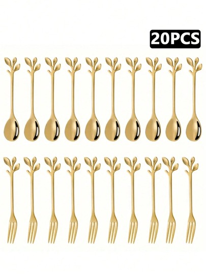 20pcs Gold-Color Dessert Forks And Spoons, An Indispensable Dessert Design Tool For Cafes, Including Appetizers, Desserts And Snacks. Convenient For Restaurants, Cafes, Food And Dining Establishments.