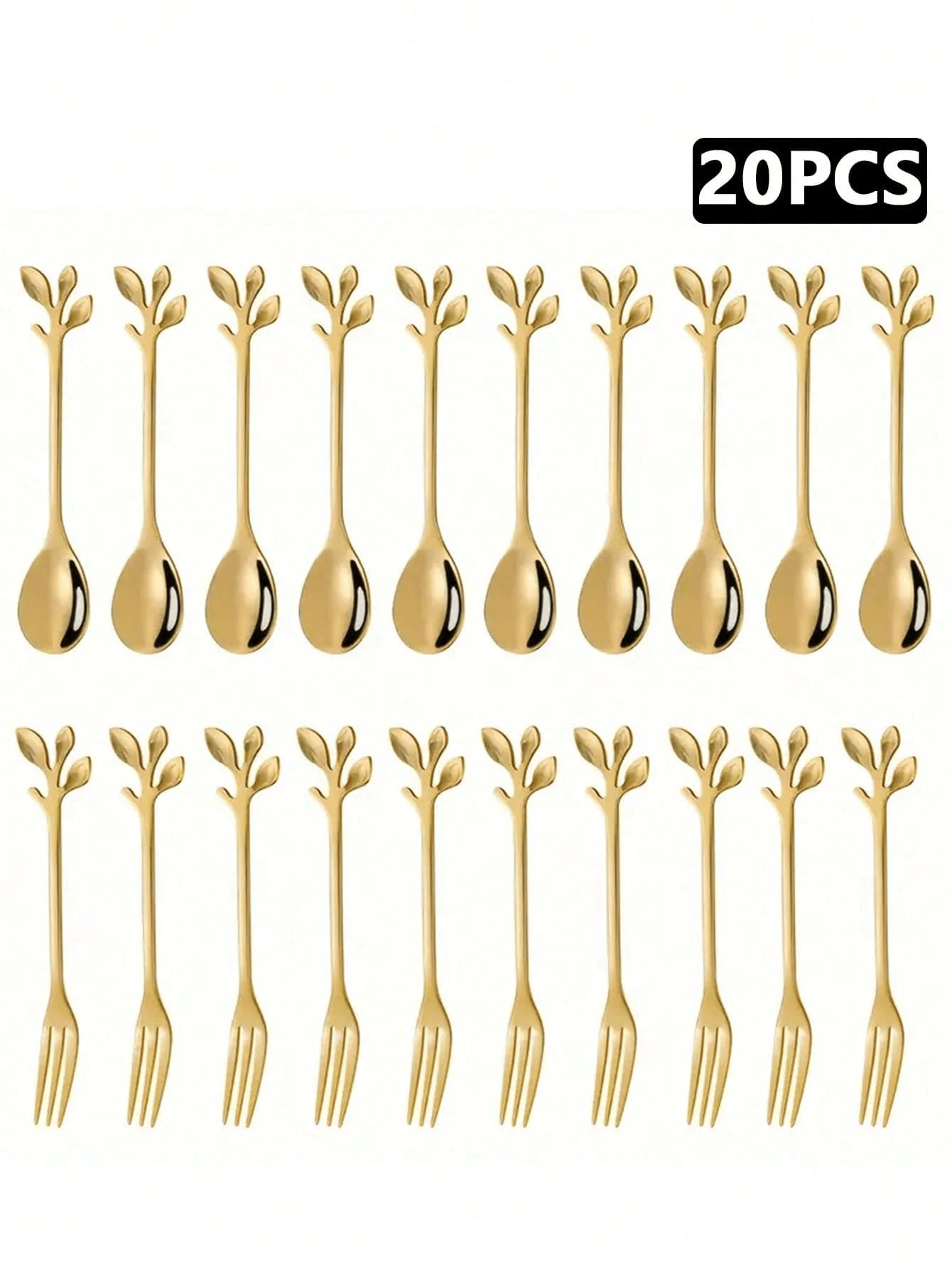 20pcs Gold-Color Dessert Forks And Spoons, An Indispensable Dessert Design Tool For Cafes, Including Appetizers, Desserts And Snacks. Convenient For Restaurants, Cafes, Food And Dining Establishments.