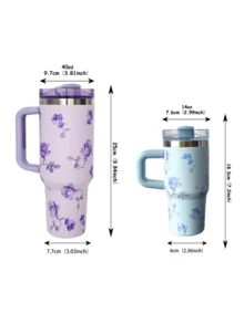 1pc 40oz/14oz Watercolor Rose Themed Vacuum Insulated Tumbler With Handle, Stainless Steel Travel Mug, Reusable Cup, Suitable For Commute, School, Office, Outdoor, Gym, Home, Gifts For Women, Teenagers, Holiday, Birthday (With Straw) - Multicolor - View 3